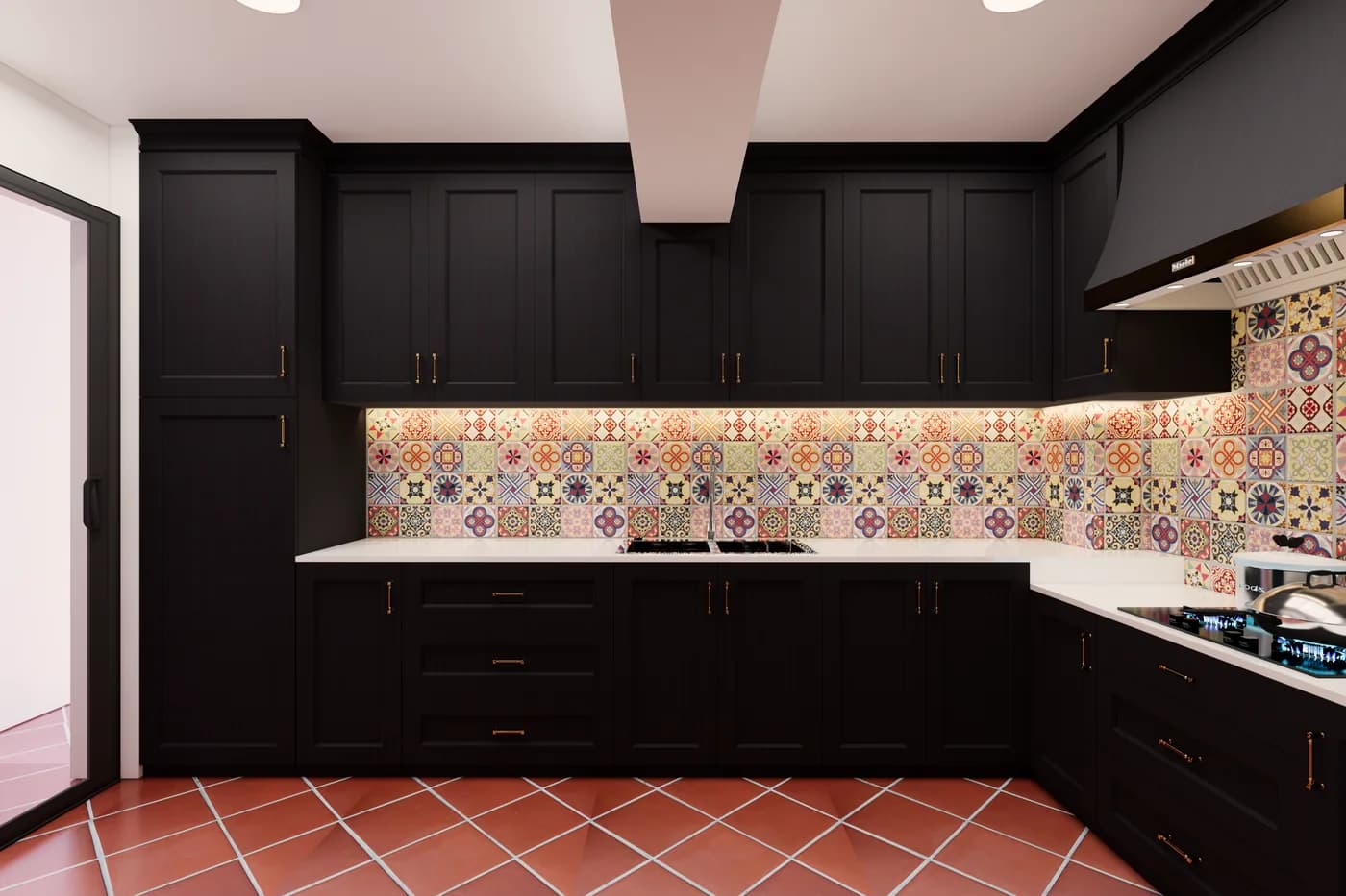Completed kitchen cabinetry with a patterned backsplash
